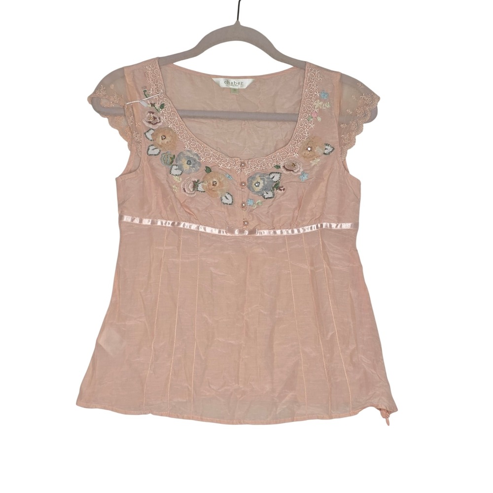 Vintage PinkFloral Y2K LaceTrim EmpireWaist Blouse Size38 US Sm Rare find Unique